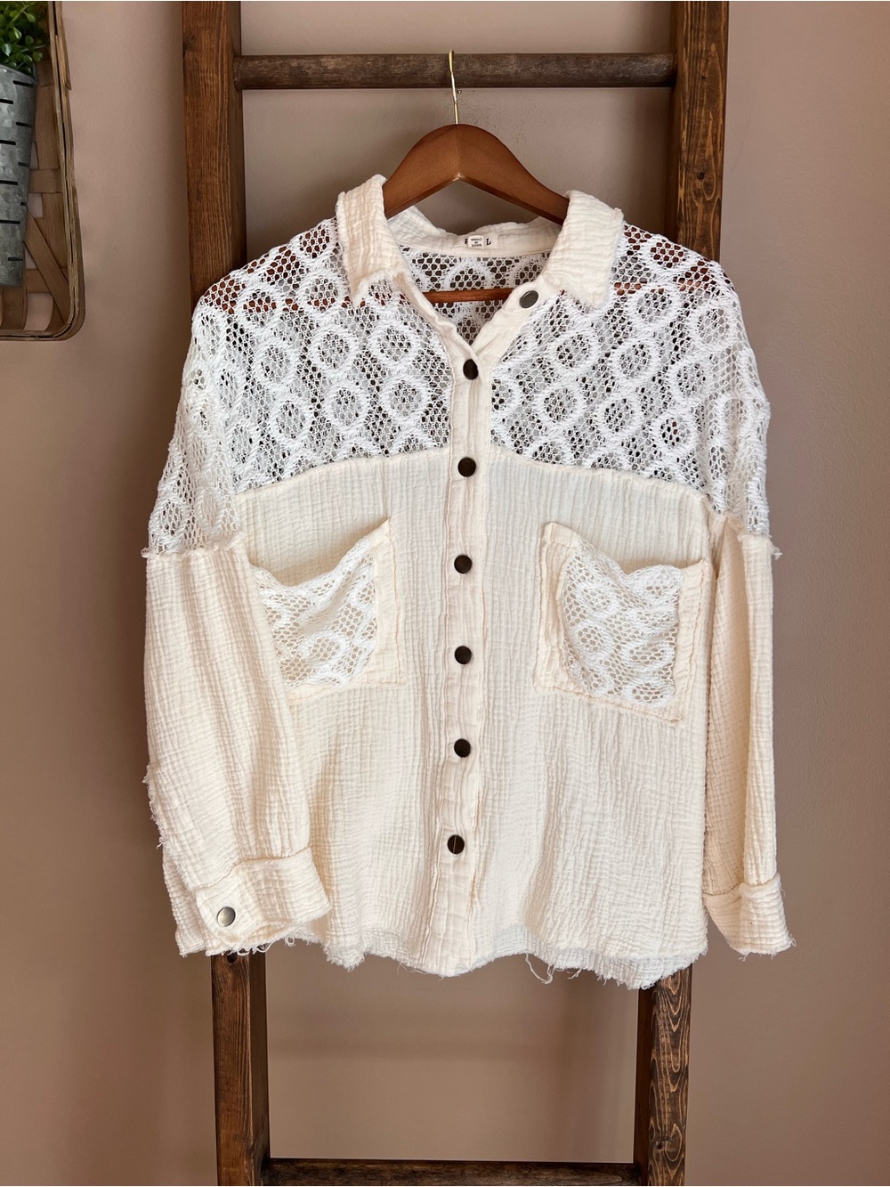 POL Cream Lace-Detail Button Front Top
